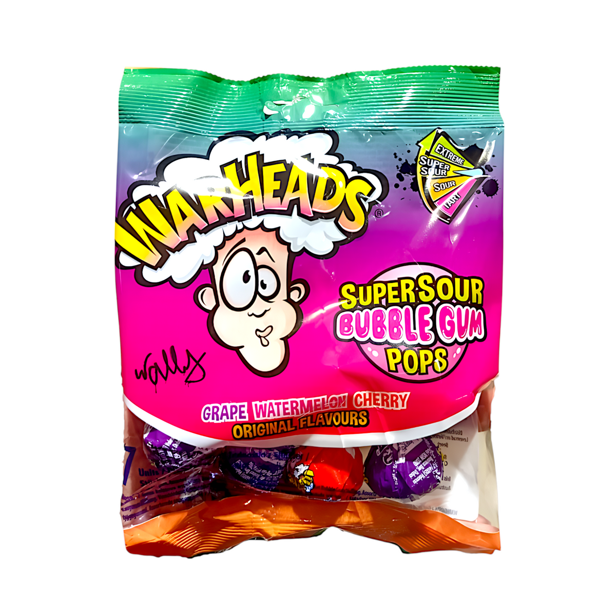 Warheads Supersour Bubble Gum Pops Grape, Watermelon & Cherry | 22 x 7 x 15gr