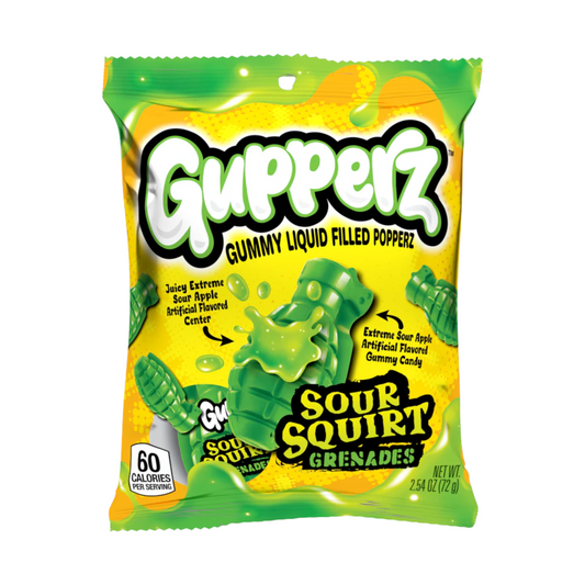 CANDY GUPPERZ 12 x 72 GR SOUR SQUIRT GRENADES PEG BAG