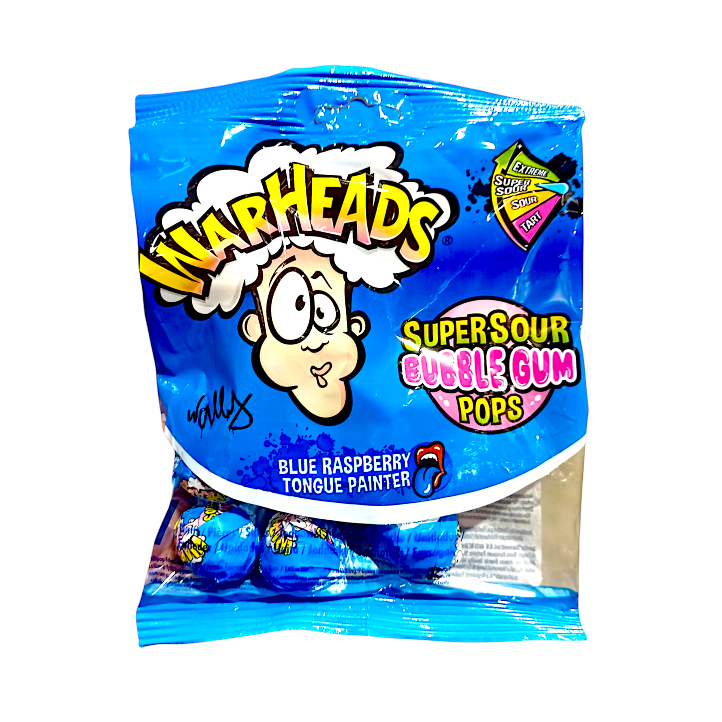 CANDY WARHEADS 7 x 15 GR SUPERSOUR BUBBLE GUM POPS BLUE RASPBERRY | 22 x 7 x 15g